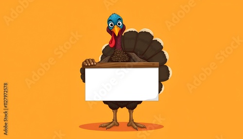 Humorous Thanksgiving Turkey Cartoon with Blank Sign on Bright Orange Background photo