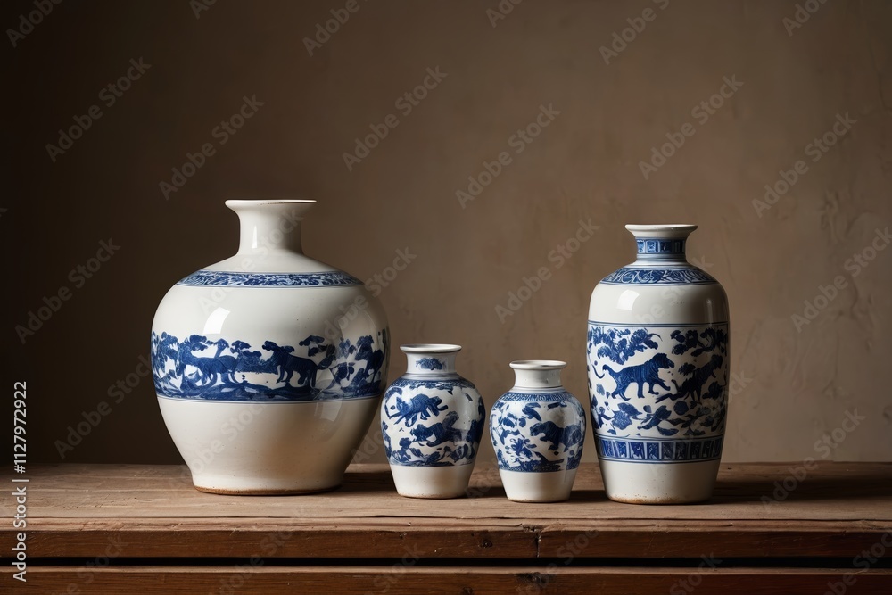 there are three vases sitting on a table with a brown background there are three vases sitting on a table with a brown background