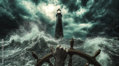 A hand grips a ship's wheel, navigating stormy seas towards a distant lighthouse.