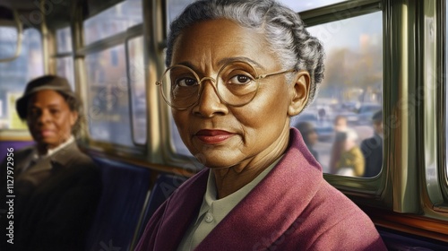 Rosa Parks, bus, glasses, resolute, dignified.
