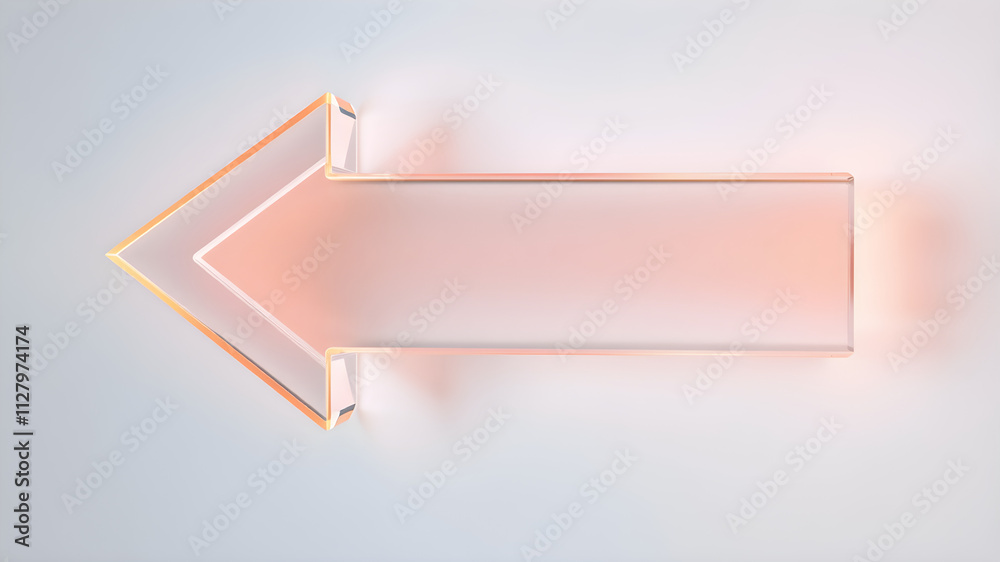 Stylized translucent glass arrow icon, glowing with pastel peach hues, floating on a gradient soft blue-to-white background, rendered in ultra-high-detail 8K Stylized translucent glass arrow icon, glowing with pastel peach hues, floating on a gradient soft blue-to-white background, rendered in ultra-high-detail 8K