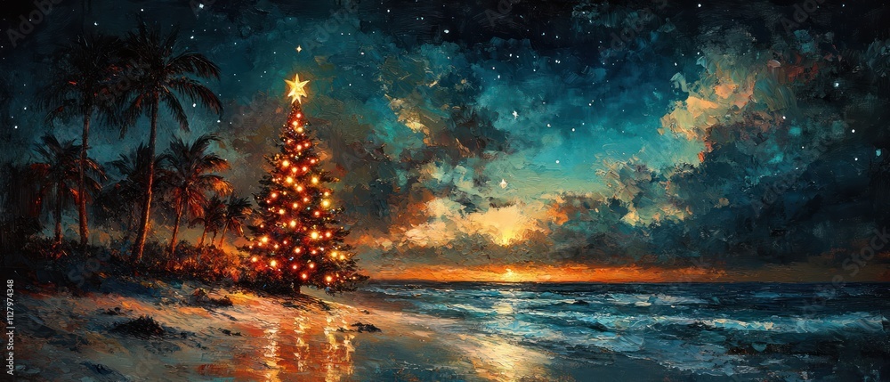 Fototapeta premium Serene Beach Night with Whimsical Christmas Tree Glowing by Water and Dreamy Sky