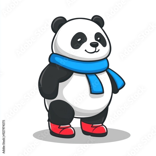 Cute cartoon panda wearing a blue scarf and red boots. (1)