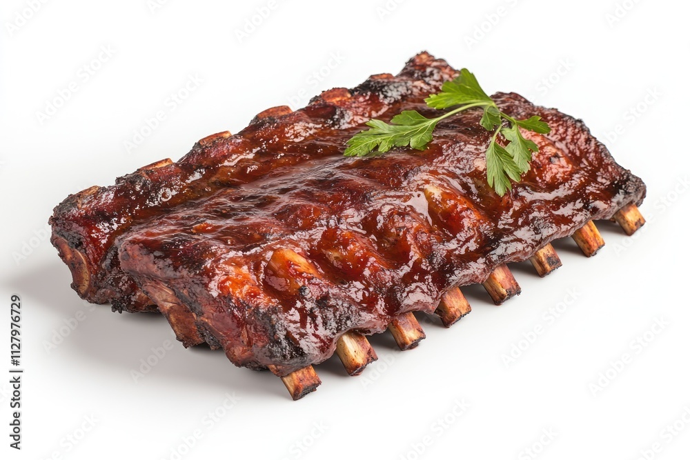 Delicious BBQ pork ribs with parsley garnish, isolated on white. Delicious BBQ pork ribs with parsley garnish, isolated on white.