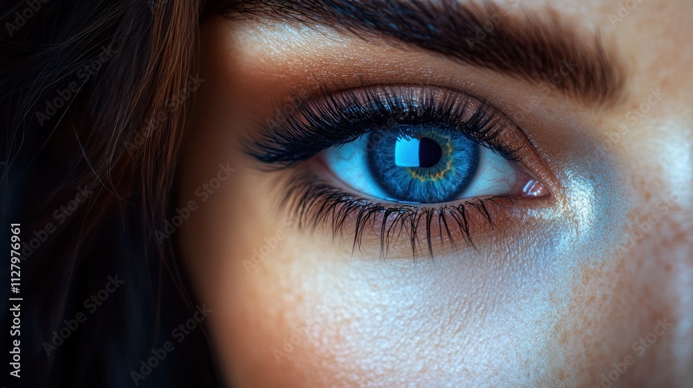 Obraz premium Close-up of a woman's bright blue eye with long eyelashes and defined eyebrows.