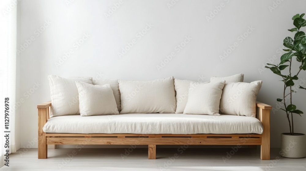 Minimalist light wood sofa with cream cushions in bright room. Minimalist light wood sofa with cream cushions in bright room.