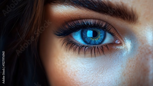 Close-up of a woman's bright blue eye with long eyelashes and defined eyebrows.