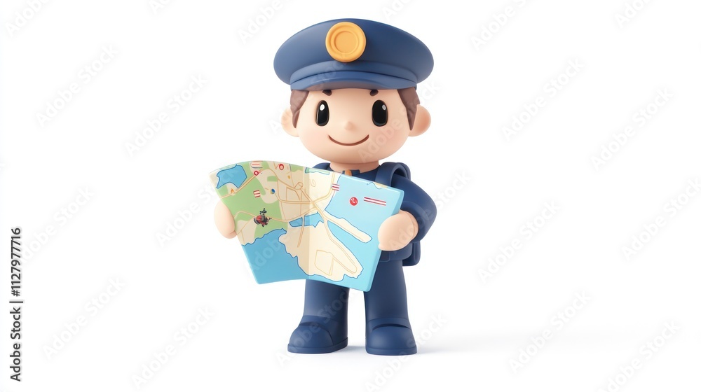 Cheerful cartoon police officer studying a map. Cheerful cartoon police officer studying a map.