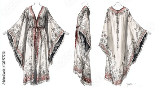 Ultra detailed, photorealistic fashion design sketch of a bohemian off-the-shoulder maxi dress