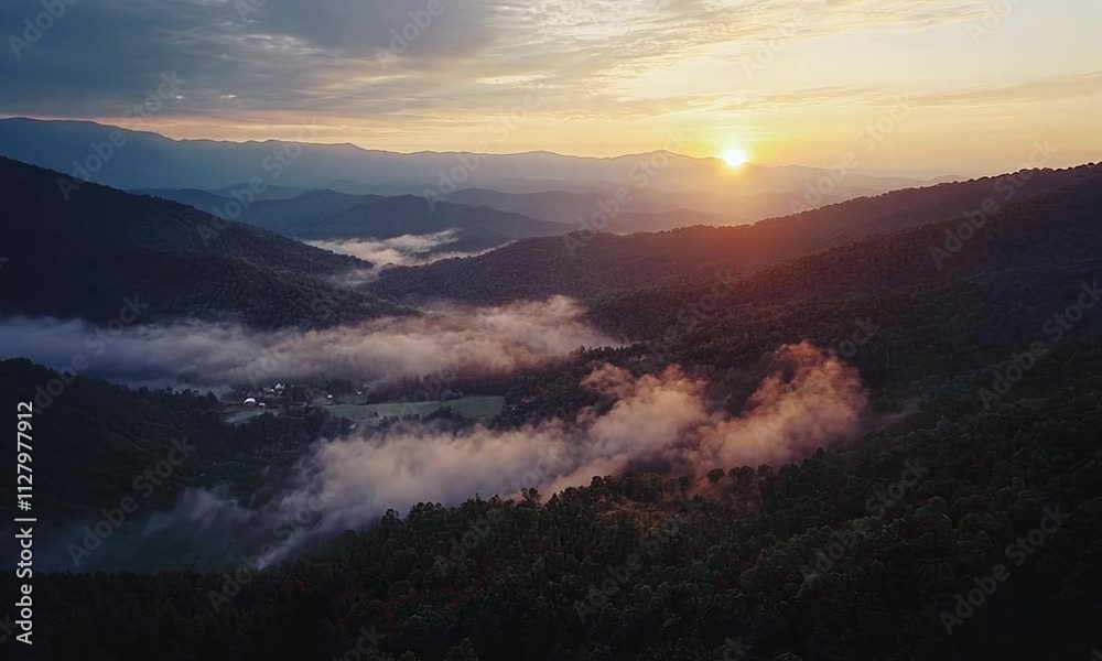 Sunrise Over Misty Mountain Ranges, Appalachian Landscape Sunrise Over Misty Mountain Ranges, Appalachian Landscape