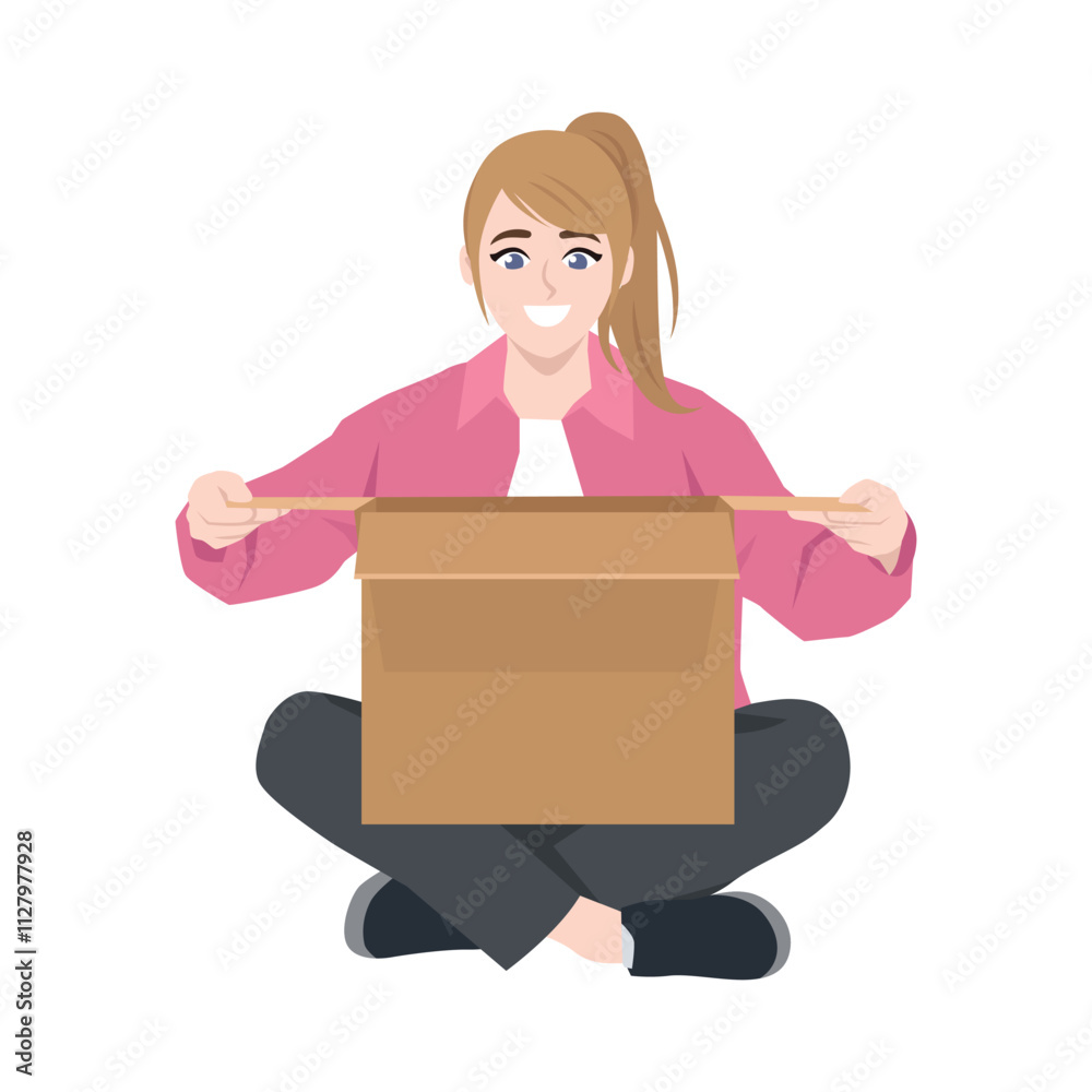 Young woman unpacks the received package. Flat vector Character Illustration Young woman unpacks the received package. Flat vector Character Illustration