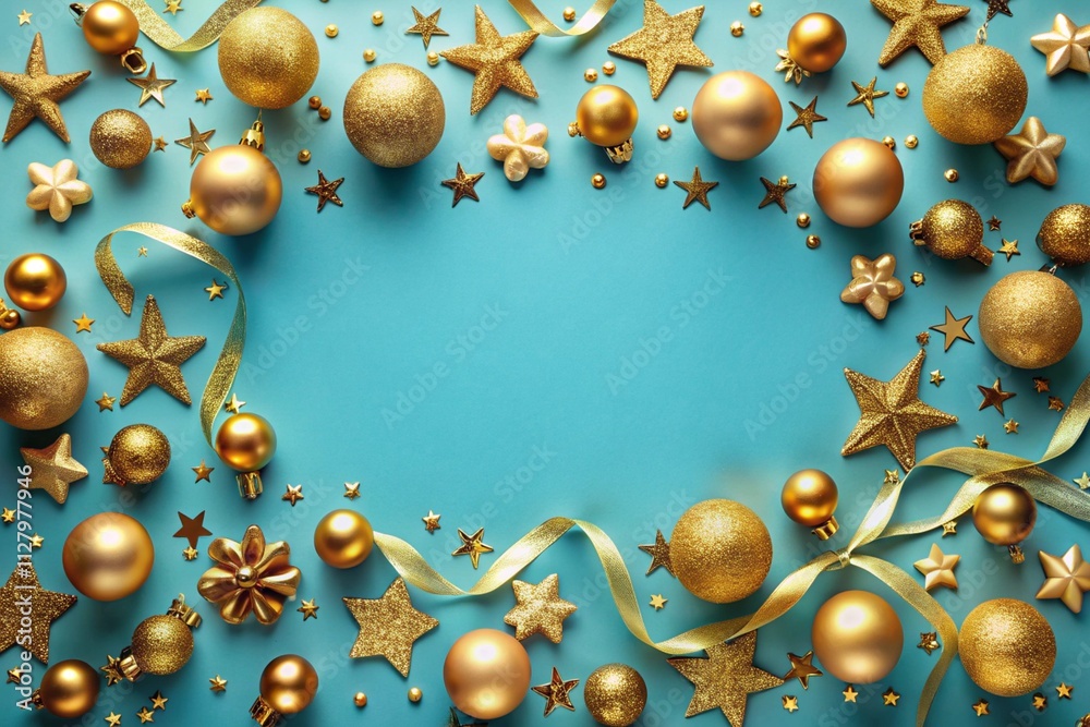 Fototapeta premium Christmas frame border with golden balls, stars, ribbon on blue background, flat lay