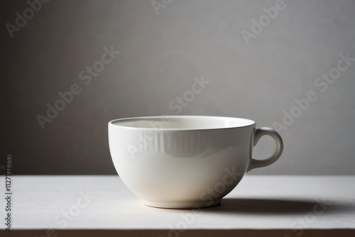 there is a white cup sitting on a table with a gray background