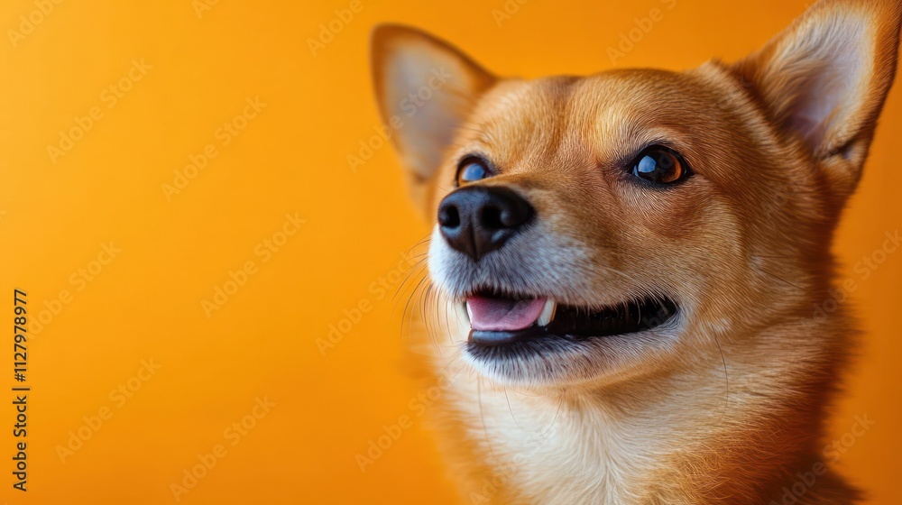 Smiling Shiba Inu Dog Close-Up with Orange Background and Copy Space Smiling Shiba Inu Dog Close-Up with Orange Background and Copy Space