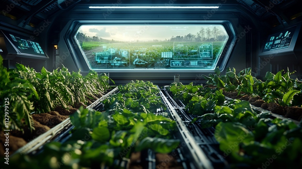 Futuristic control room managing cutting edge agricultural holographic displays showcasing networked farm activities and data visualizations The space leaves ample copy area at the top left corner Futuristic control room managing cutting edge agricultural holographic displays showcasing networked farm activities and data visualizations The space leaves ample copy area at the top left corner