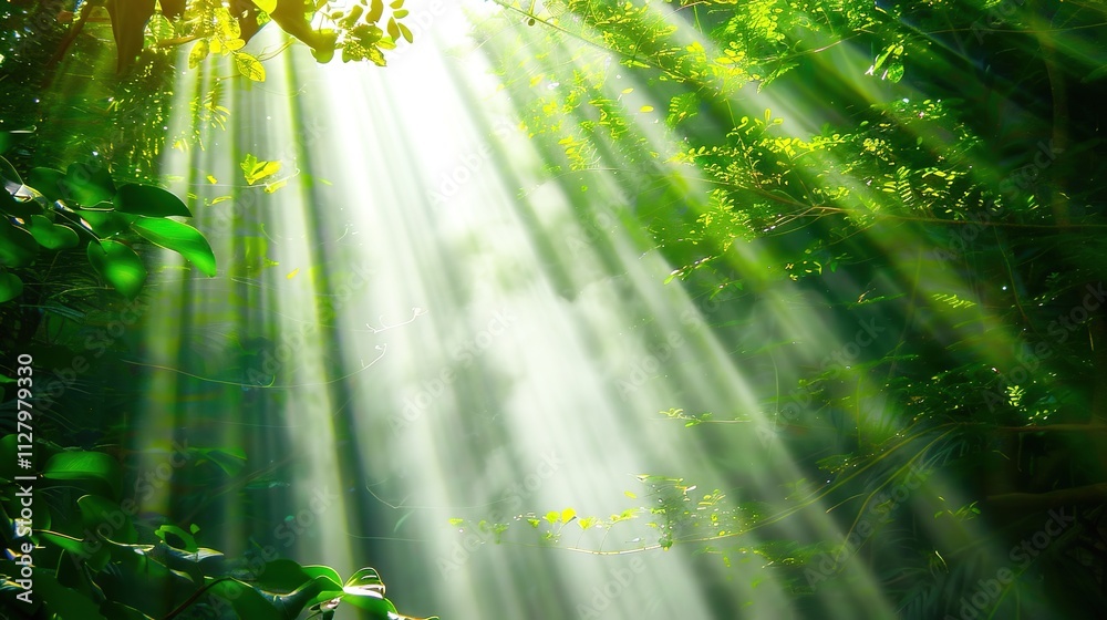 Beautiful Rays of Sunlight in a Green Forest, Shining Through the Trees, Creating a Serene and Picturesque Natural Scene. Beautiful Rays of Sunlight in a Green Forest, Shining Through the Trees, Creating a Serene and Picturesque Natural Scene.