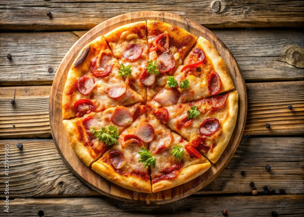 Aerial drone shot: gourmet bacon pizza, rustic wooden board, mouthwatering food photography. Aerial drone shot: gourmet bacon pizza, rustic wooden board, mouthwatering food photography.