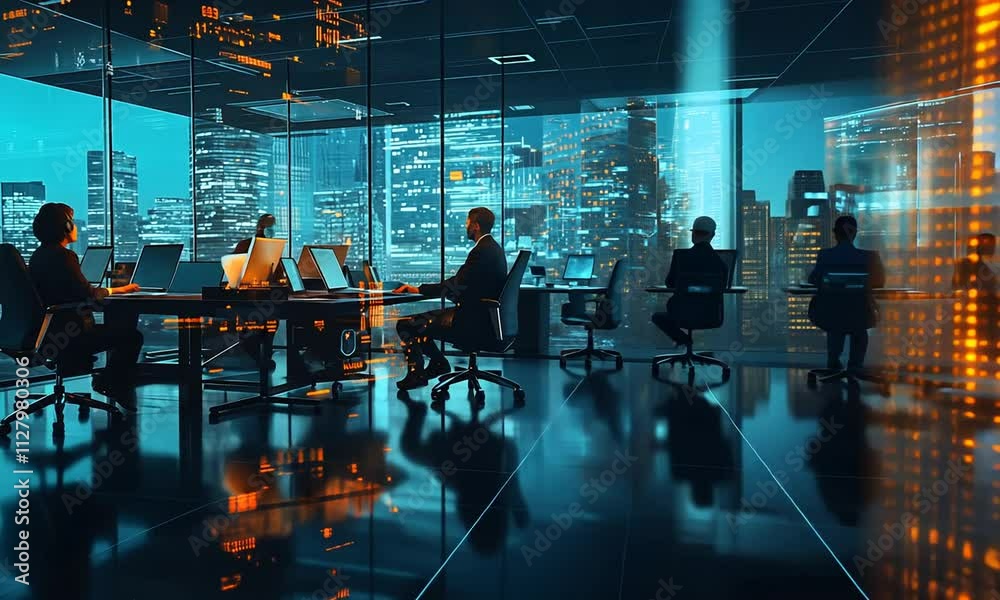 Nighttime cityscape reflected in modern office with team working on computers.
