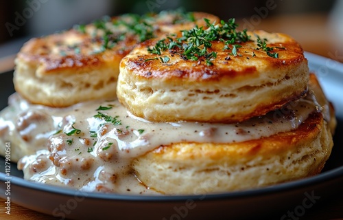 Flaky Biscuits with Creamy Sausage Gravy in Rustic Kitchen Setting