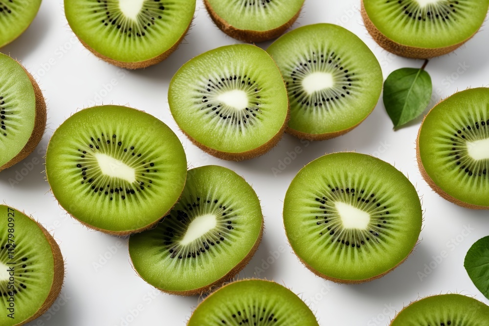 there are many kiwis cut in half on a white surface there are many kiwis cut in half on a white surface