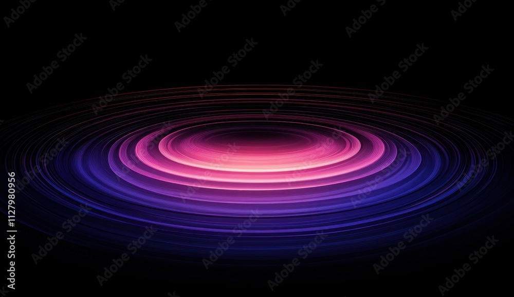 Abstract concentric circles of purple and pink light on black background. Abstract concentric circles of purple and pink light on black background.