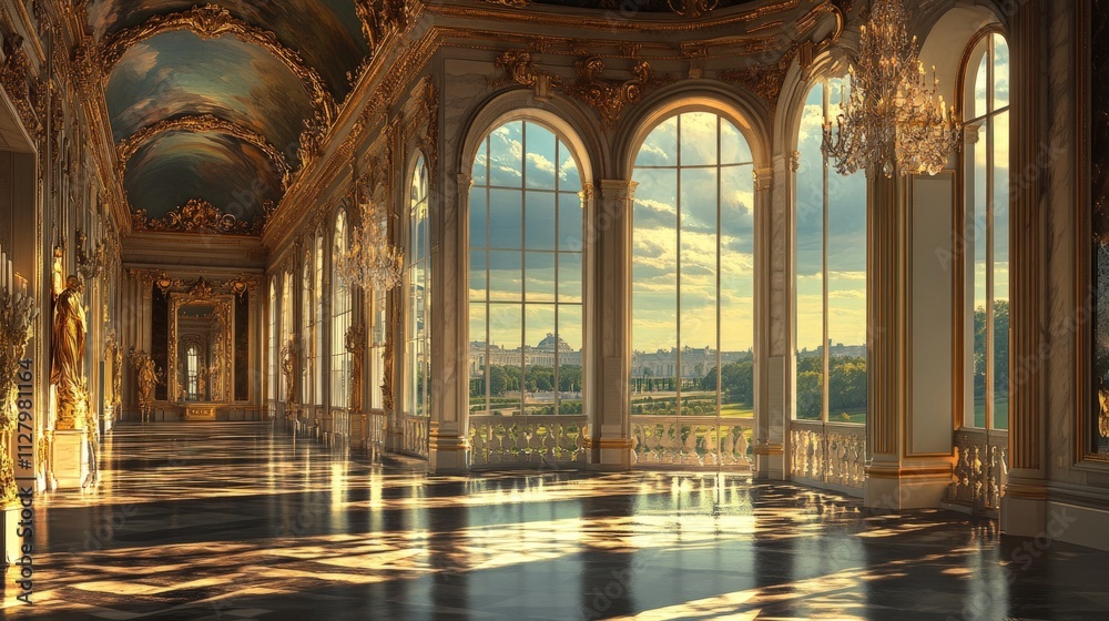 Ornate hall, large windows, sunny view. Ornate hall, large windows, sunny view.