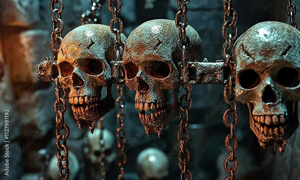 Grim Medieval Skull Frame: A Torturous Design Set Against a Dungeon's Dark Stone Walls