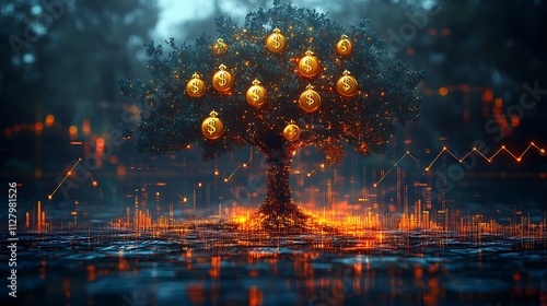 Money tree with glowing dollar signs on branches, digital rendering.