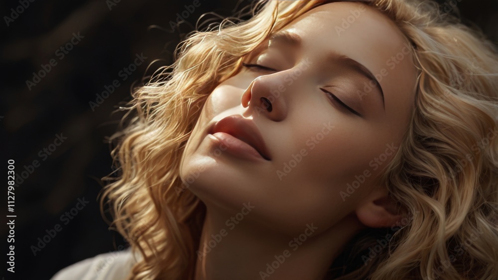 beautiful woman with light wavy hair below shoulders looking up with closed eyes profile view from the side beautiful woman with light wavy hair below shoulders looking up with closed eyes profile view from the side
