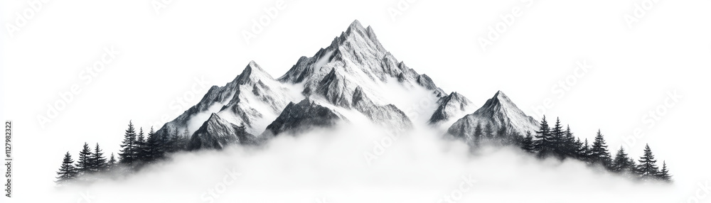 Obraz premium Majestic mountain peak surrounded by fog and evergreen trees, creating serene atmosphere