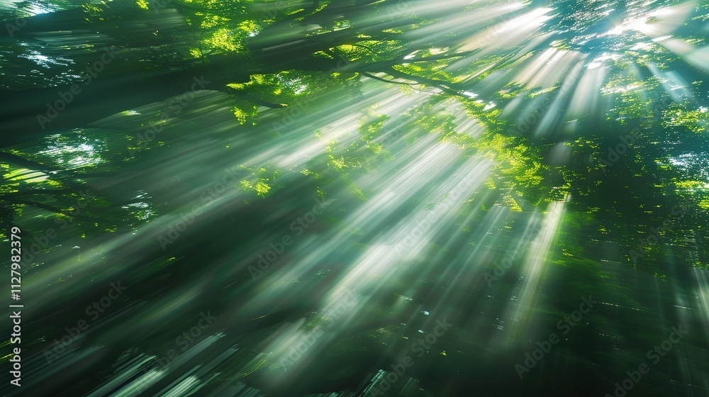 Beautiful Rays of Sunlight in a Green Forest, Shining Through the Trees, Creating a Serene and Picturesque Natural Scene. Beautiful Rays of Sunlight in a Green Forest, Shining Through the Trees, Creating a Serene and Picturesque Natural Scene.