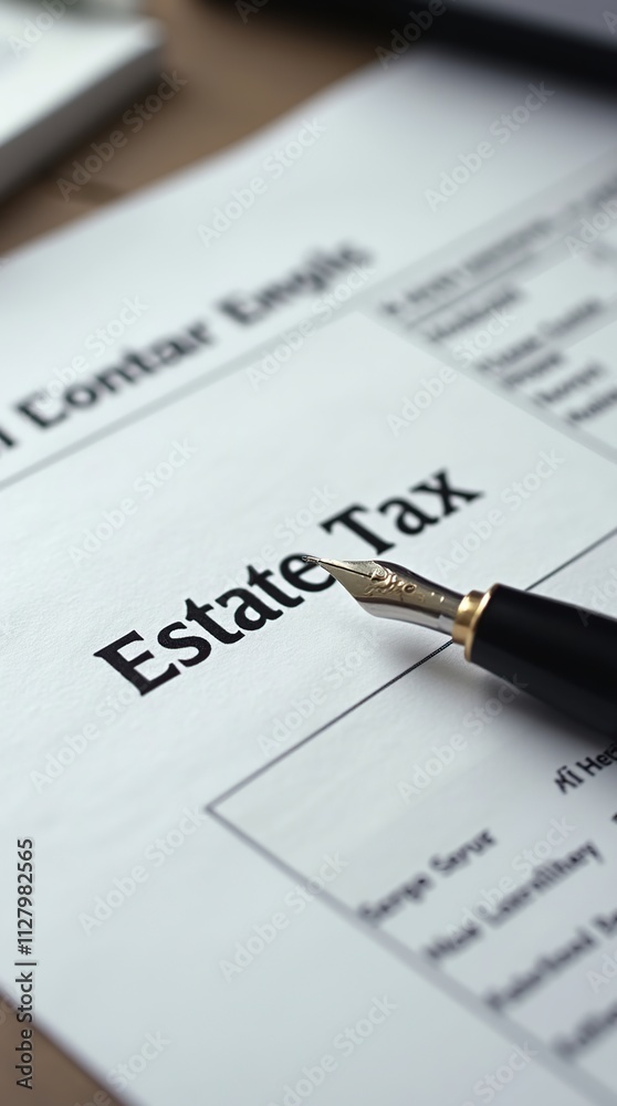 Obraz premium Estate Tax Document with Fountain Pen on Desk
