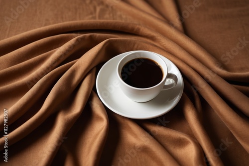 there is a cup of coffee on a saucer on a bed