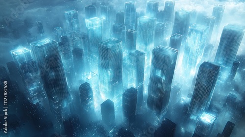 Futuristic city skyline at night, glowing skyscrapers in fog. (1)