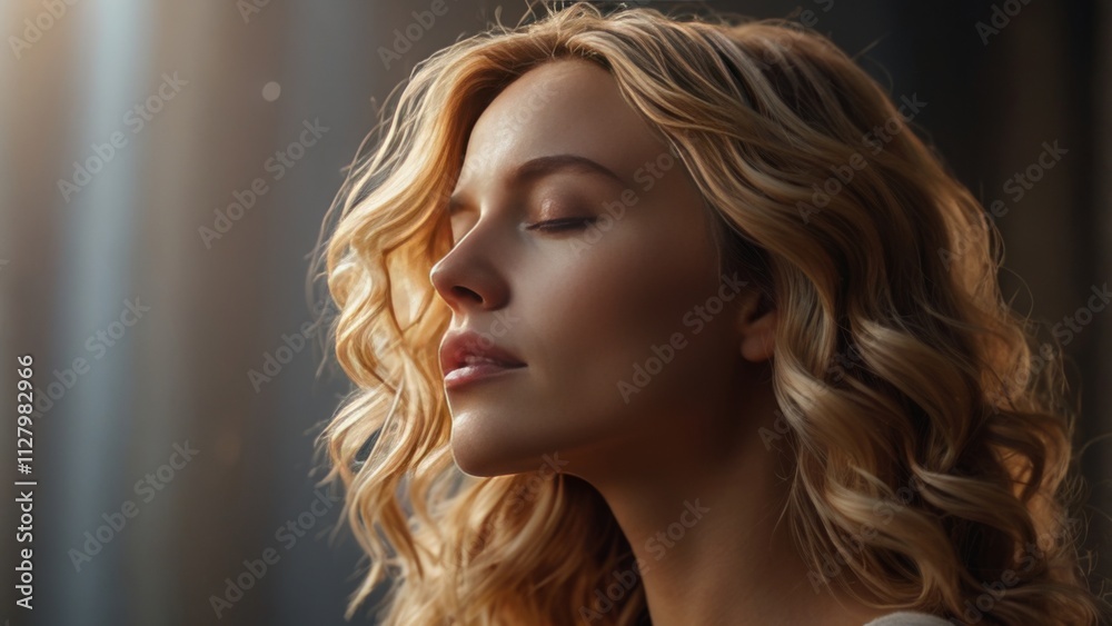 beautiful woman with light wavy hair below shoulders looking up with closed eyes profile view from the side beautiful woman with light wavy hair below shoulders looking up with closed eyes profile view from the side
