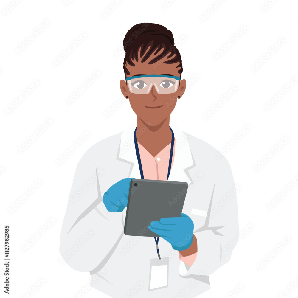 Woman scientist looking at the tablet pc gadget. Flat vector Character Illustration Woman scientist looking at the tablet pc gadget. Flat vector Character Illustration