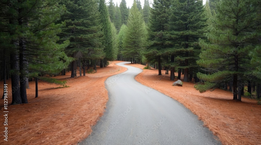 Fototapeta premium Winding evergreen path through lush forest landscape nature scene tranquil environment serene viewpoint for relaxation