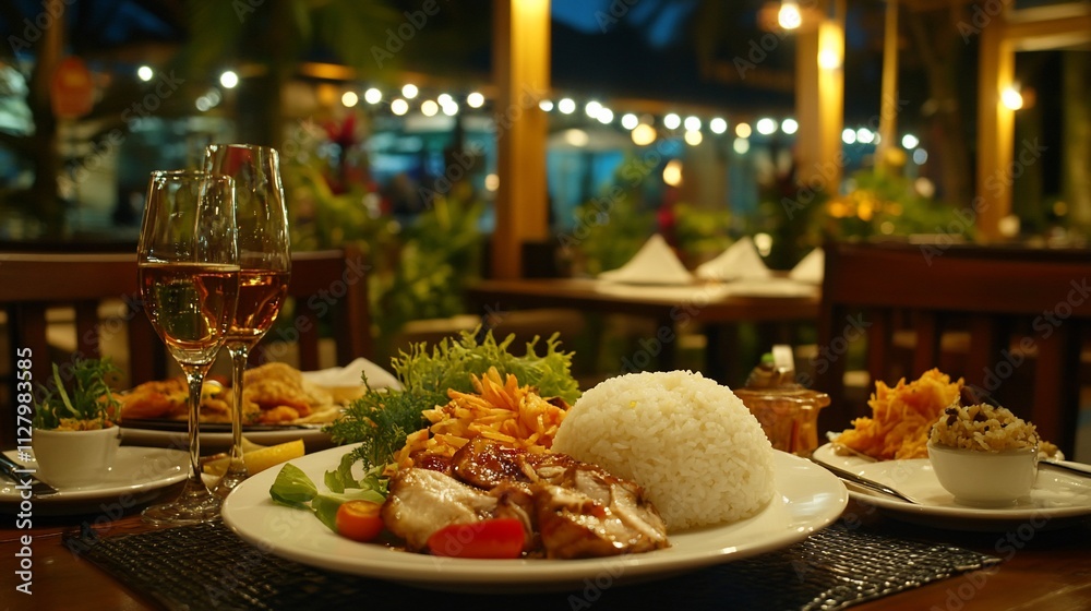 Fototapeta premium Romantic dinner, grilled chicken, rice, wine, outdoor restaurant.