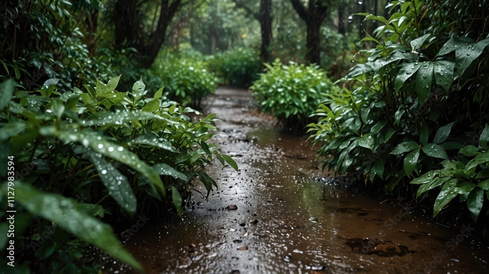 Evergreen serenity rain-drenched pathway through lush forest nature photography tranquil environment close-up viewpoint Evergreen serenity rain-drenched pathway through lush forest nature photography tranquil environment close-up viewpoint