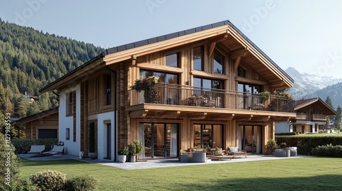 Modern chalet in mountains; large windows, balcony, lawn.