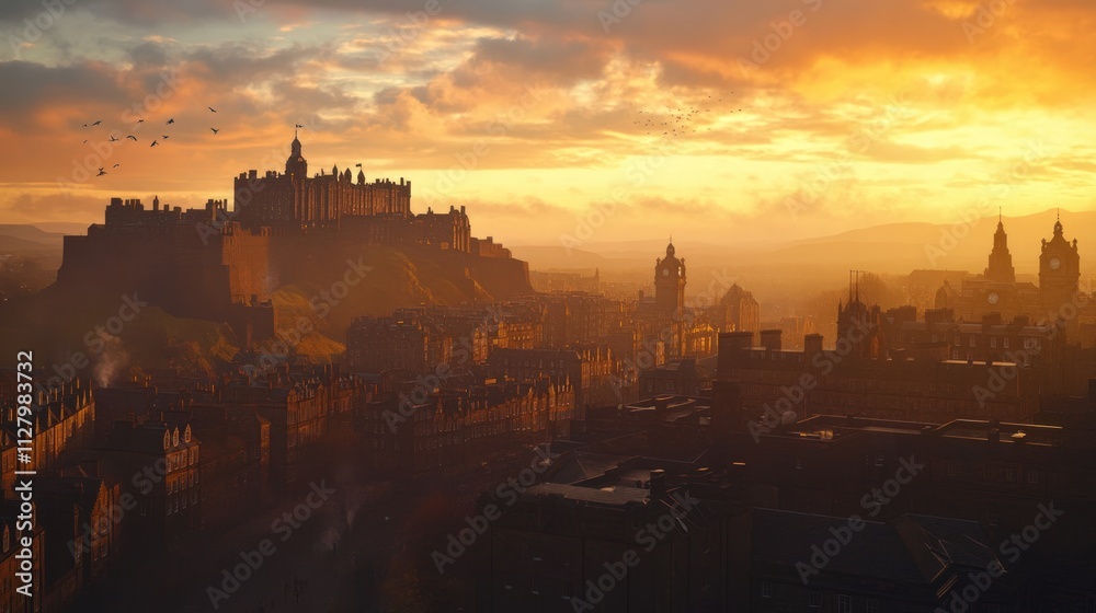 Naklejka premium Sunset over Edinburgh Castle and city.