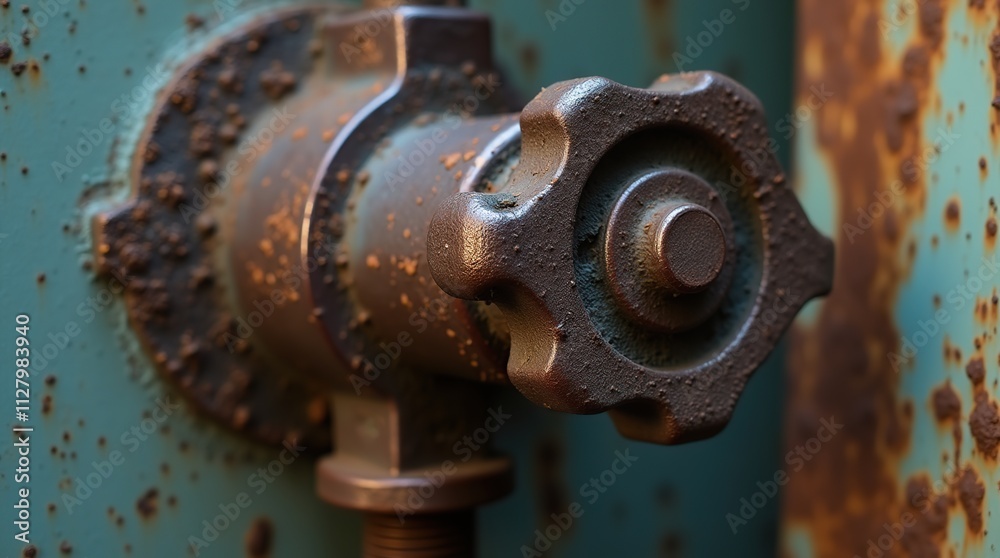 Close-Up of Rusty Metal Water Valve on Blue Industrial Surface Close-Up of Rusty Metal Water Valve on Blue Industrial Surface