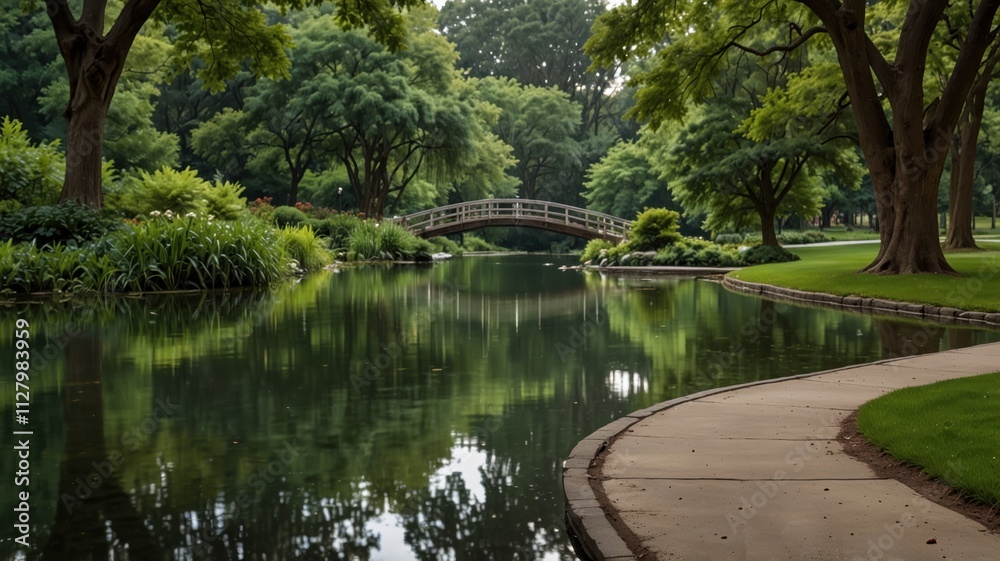 Obraz premium Evergreen serenity peaceful park scene with bridge and reflective water nature's lush environment tranquil viewpoint