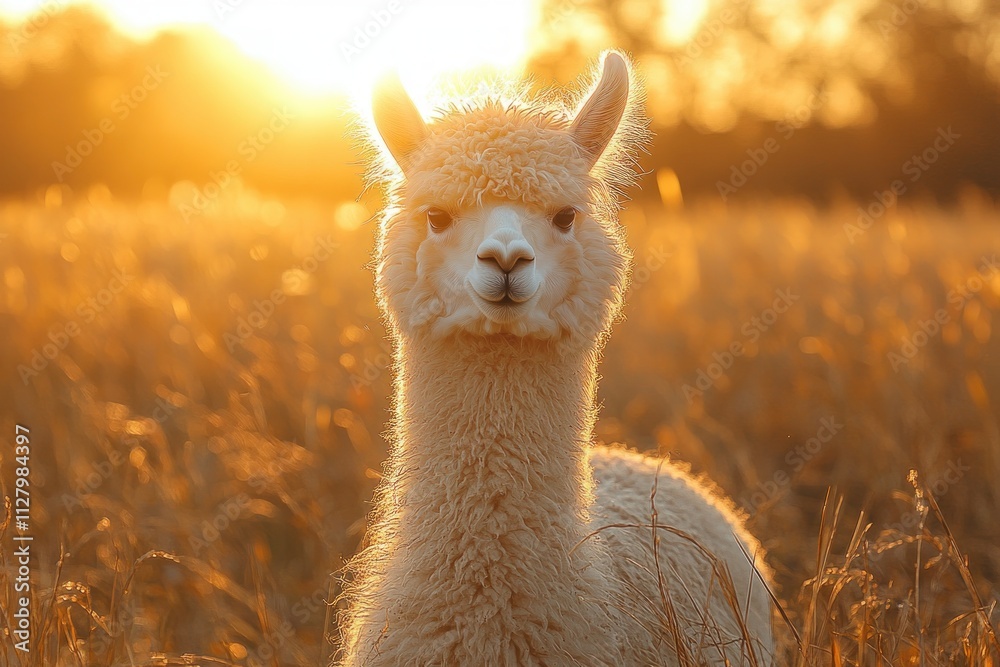 Fototapeta premium Serene Alpaca in Rustic Farm Setting during Golden Hour