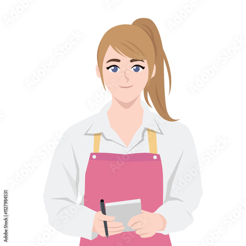 Waitress Holding a Pen and Notepad Taking Order. Flat vector Character Illustration