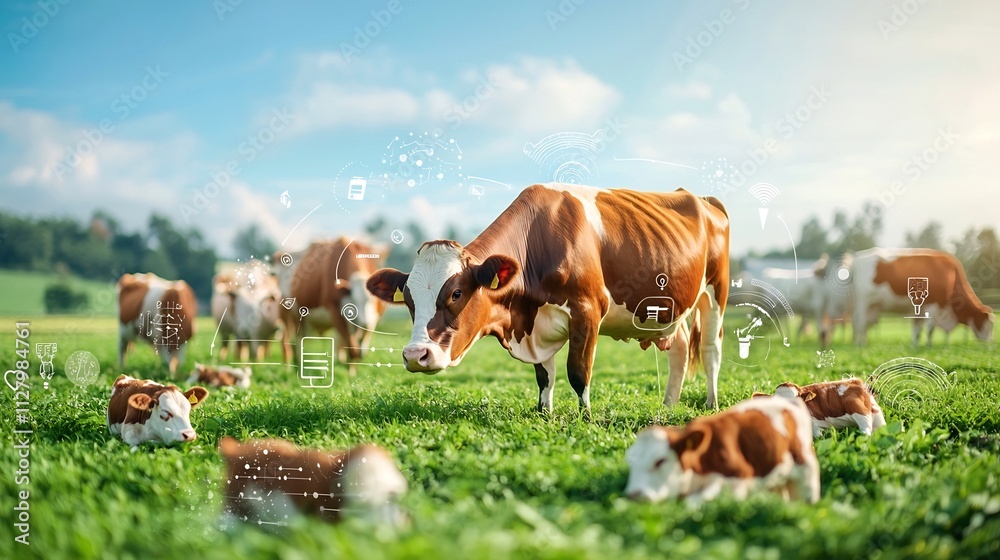 Cows grazing peacefully in a lush green pasture with drones and IoT enabled health tracking devices monitoring the herd Cows grazing peacefully in a lush green pasture with drones and IoT enabled health tracking devices monitoring the herd