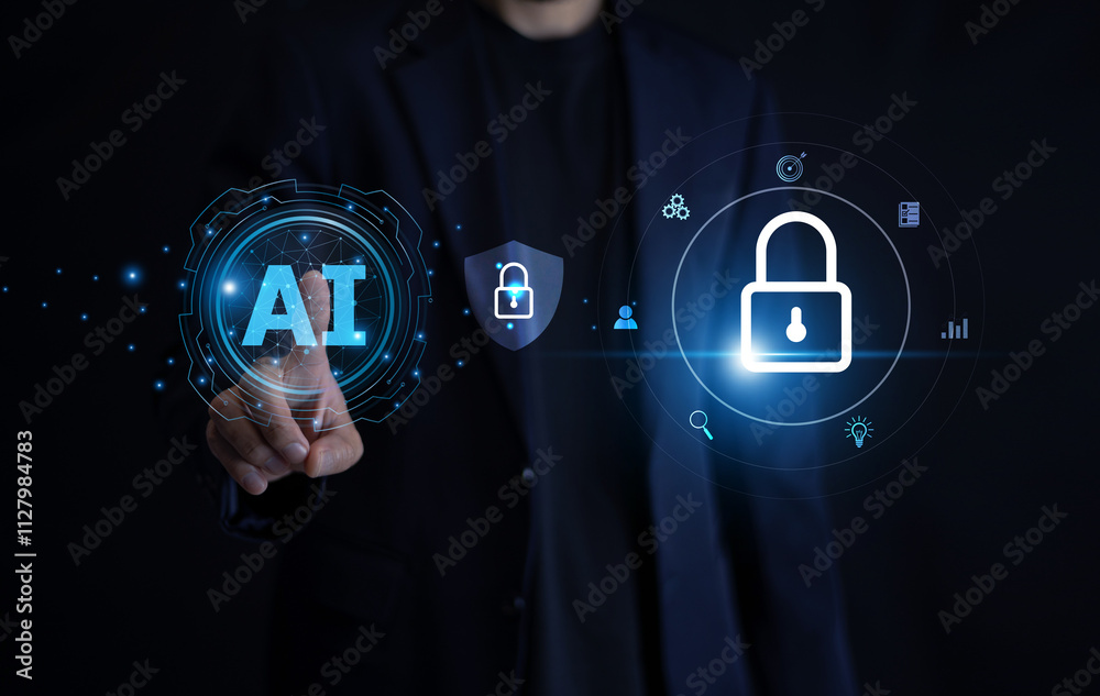 Businessman utilizing AI algorithms to protect privacy and manage data security efficiently. AI technology for data security