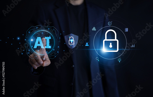 Obraz na płótnie Businessman utilizing AI algorithms to protect privacy and manage data security efficiently. AI technology for data security w salonie