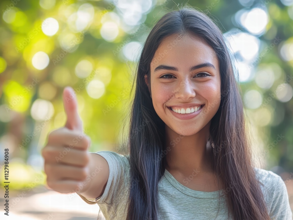Joyful young woman giving thumbs up outdoors in sunlight Joyful young woman giving thumbs up outdoors in sunlight