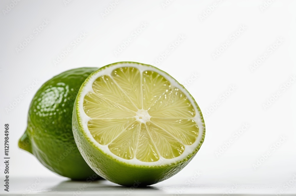 there is a lime cut in half on a white surface there is a lime cut in half on a white surface